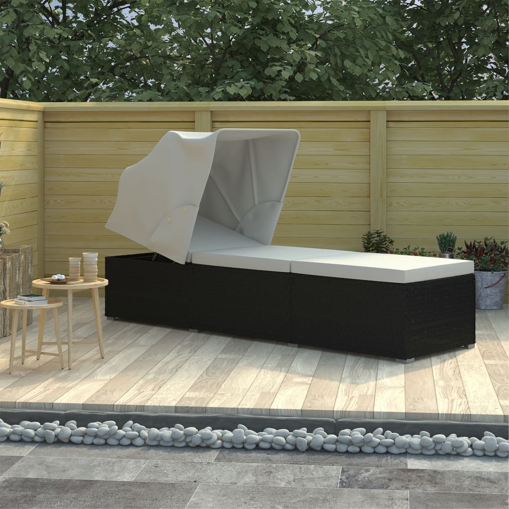 Sun Lounger Black and Cream PE Rattan Standard Foldable