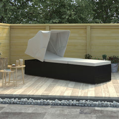Sun Lounger Black and Cream PE Rattan Standard Foldable
