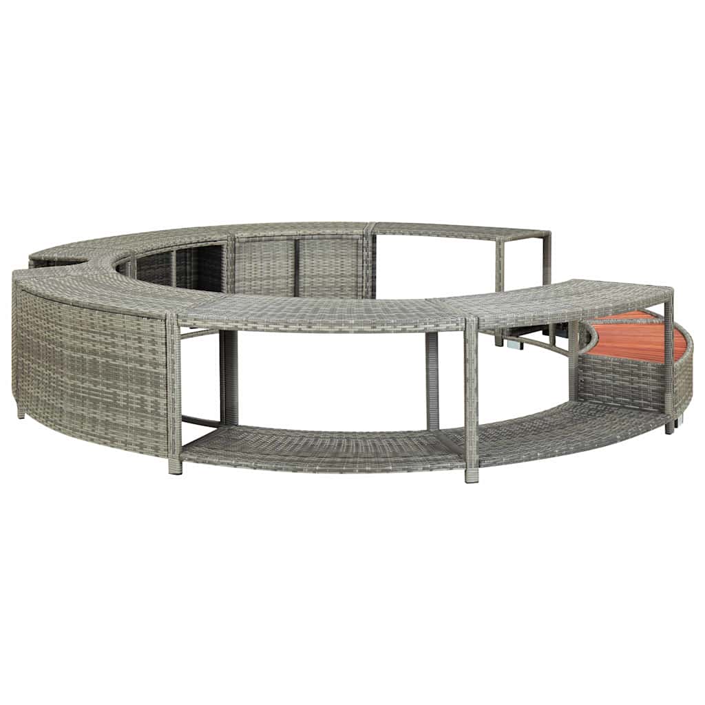 Gray poly rattan hot tub surround with built-in storage and a cutout for power packs