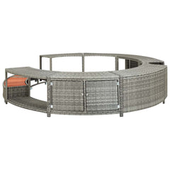 Gray poly rattan hot tub surround with storage cabinets and benches.