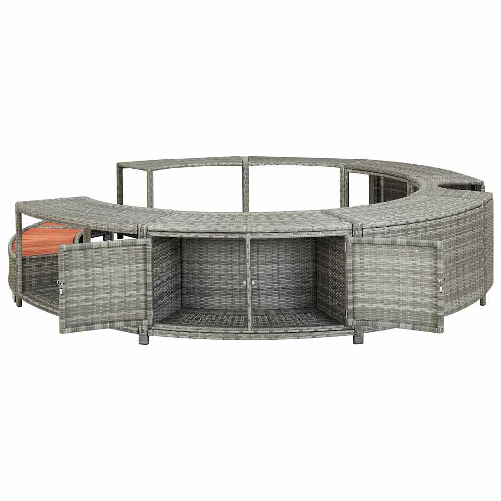 Gray poly rattan hot tub surround with open storage compartments and curved design