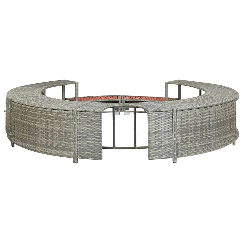 Gray poly rattan hot tub surround with built-in storage and curved design.