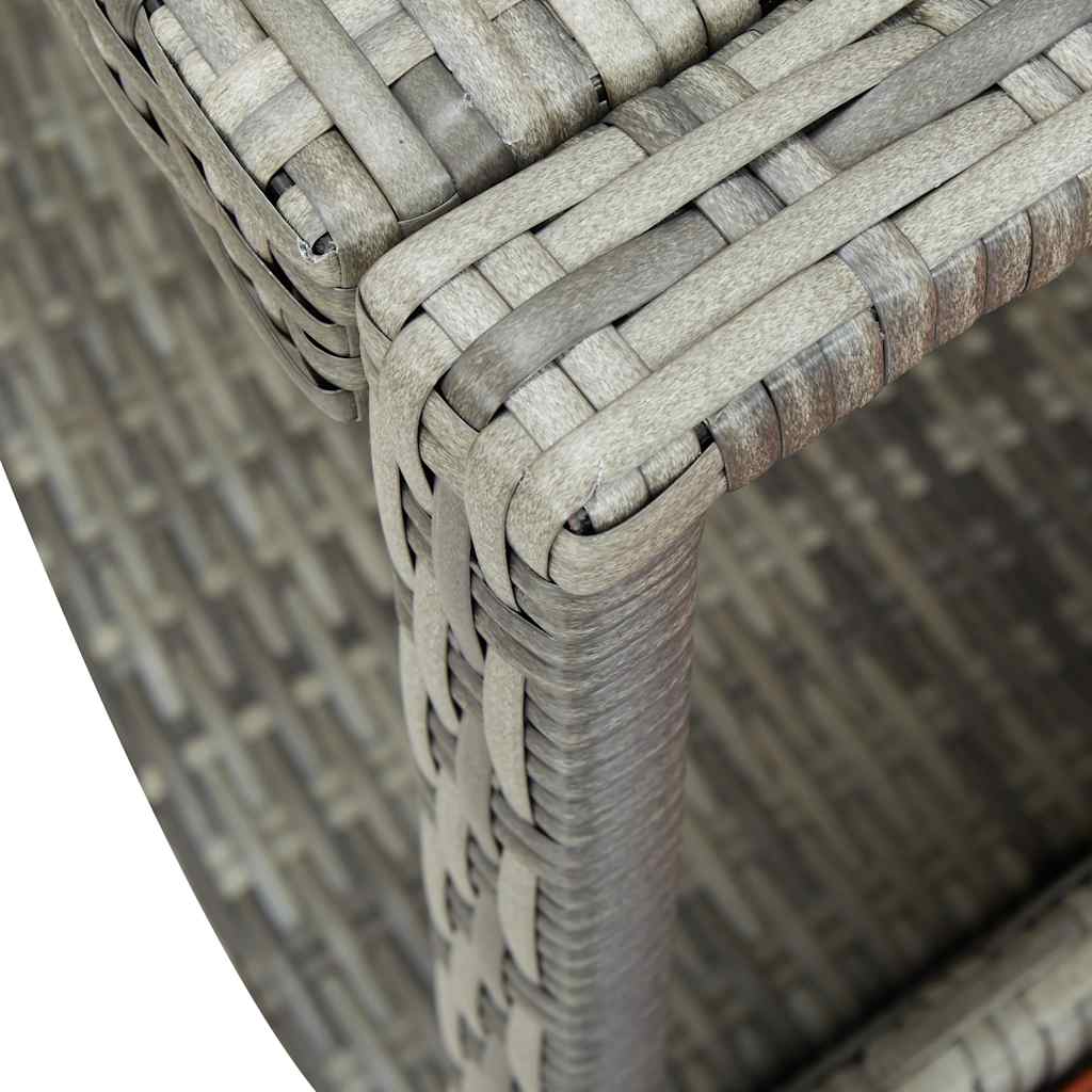 Gray poly rattan hot tub surround with built-in storage shelves.