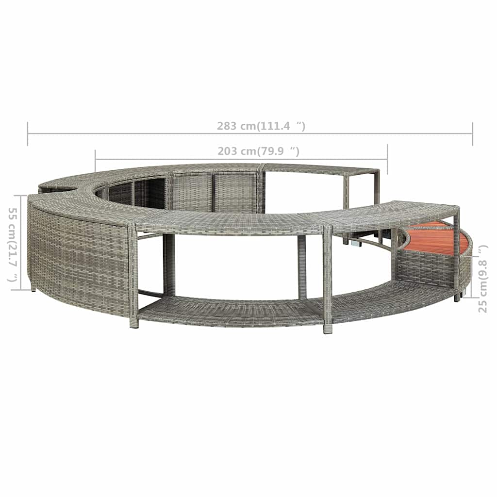 Gray poly rattan circular hot tub surround with built-in storage and steel frame support.