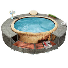 Gray poly rattan hot tub surround with built-in storage benches and shelves.