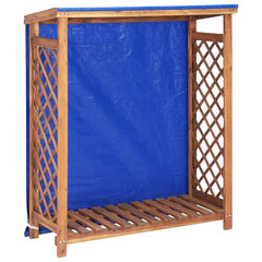 Wooden firewood storage shed with blue tarp roof and lattice sides.