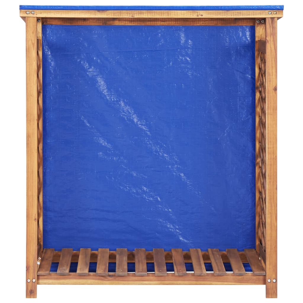 Wooden firewood storage shed with slatted acacia frame, blue tarp cover, and open sides.