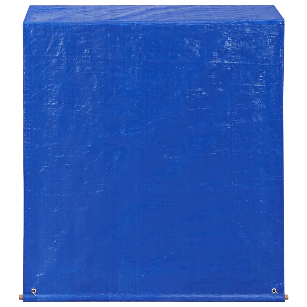 Blue tarp cover for a solid acacia wood firewood storage shed.