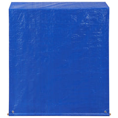 Blue tarp cover for a solid acacia wood firewood storage shed.