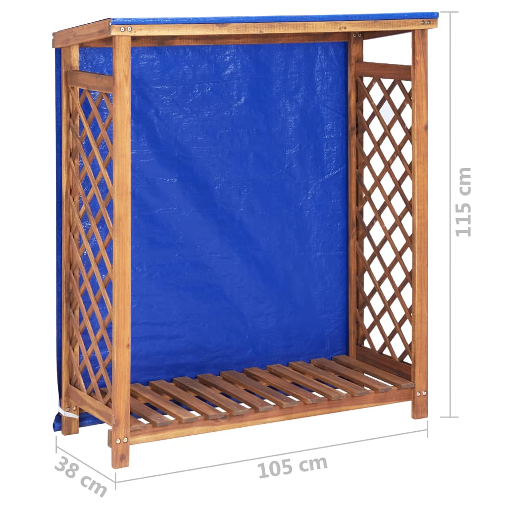 Solid acacia wood firewood storage shed with blue tarp roof, lattice sides, and base rack, measuring 41.3x15x45.3 inches.