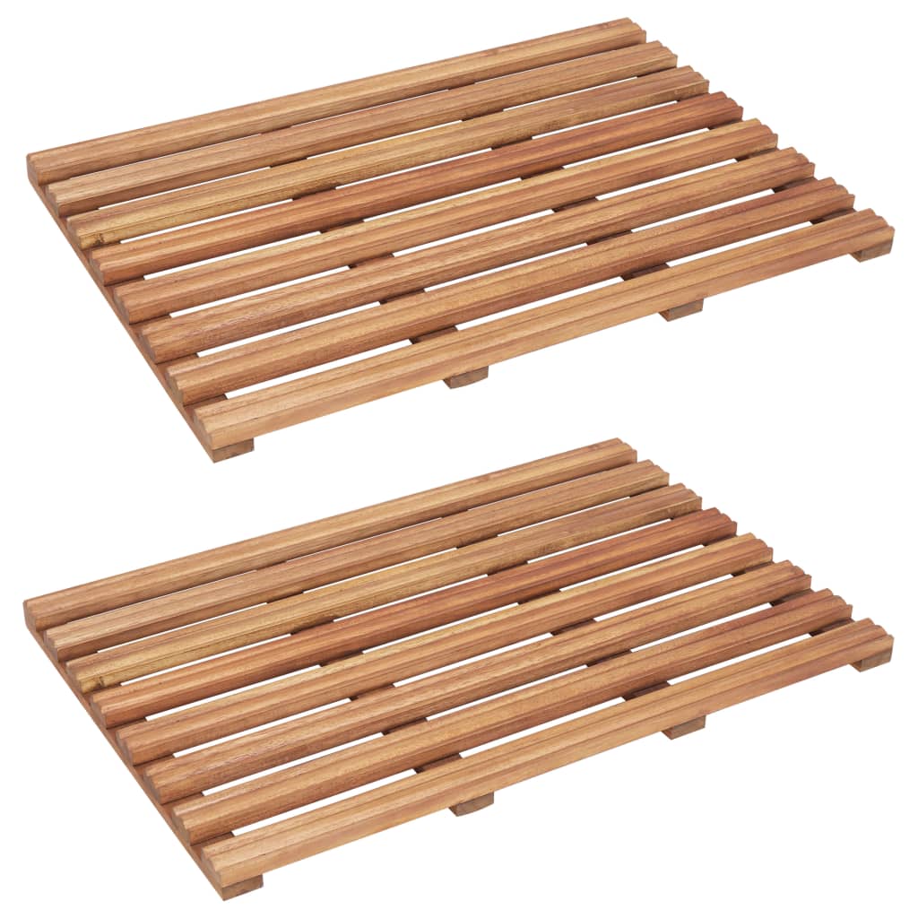 Two rectangular acacia wood bath mats with slatted designs are shown on a white background.