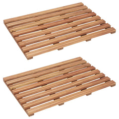 Two rectangular acacia wood bath mats with slatted designs are shown on a white background.