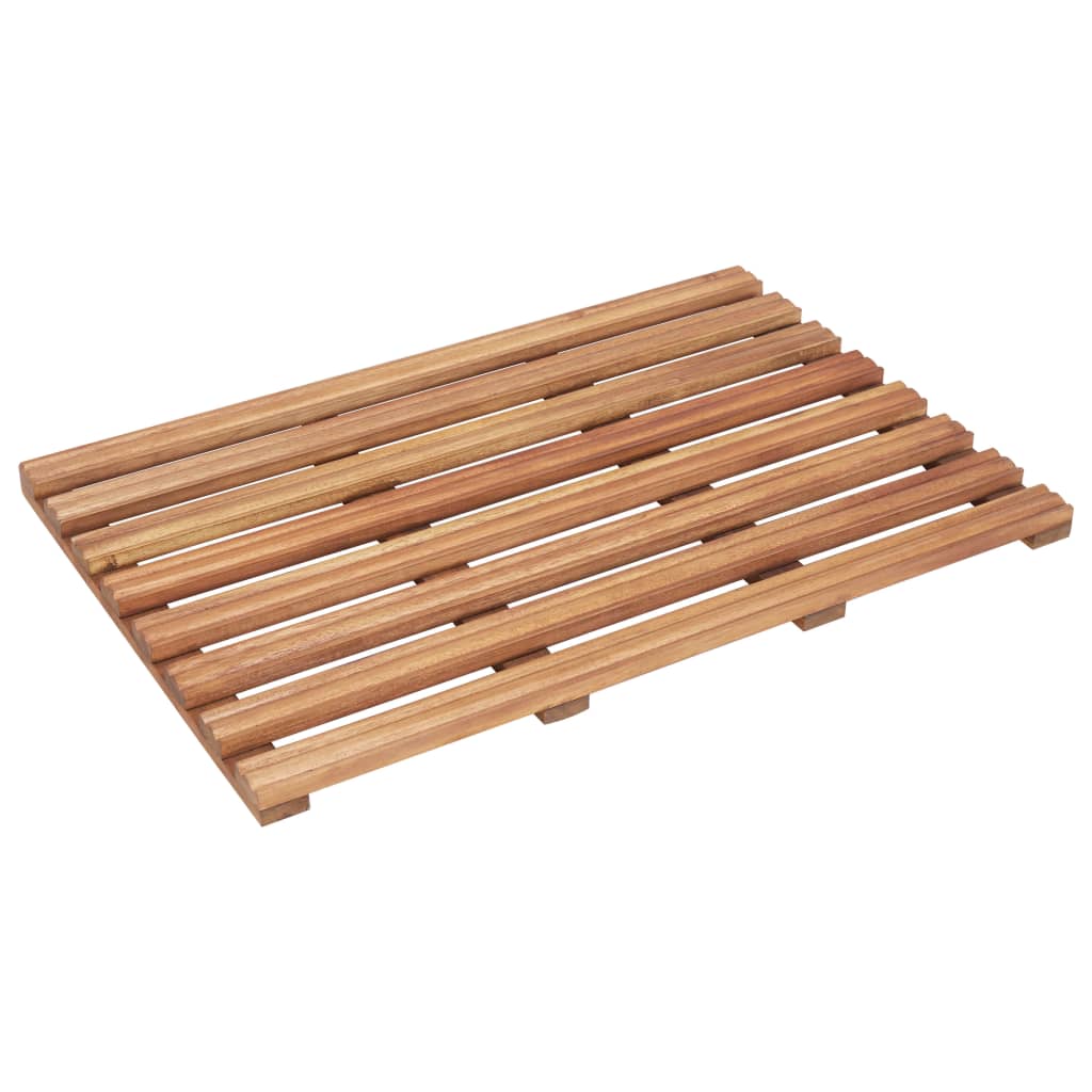 A rectangular bath mat made of light brown acacia wood slats.