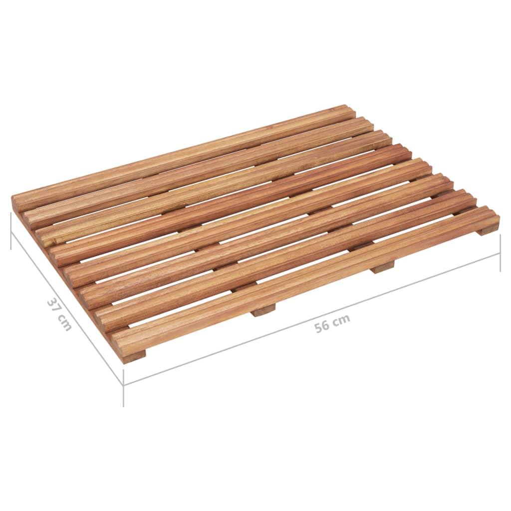 A rectangular slatted acacia wood bath mat measures 56 cm by 37 cm.