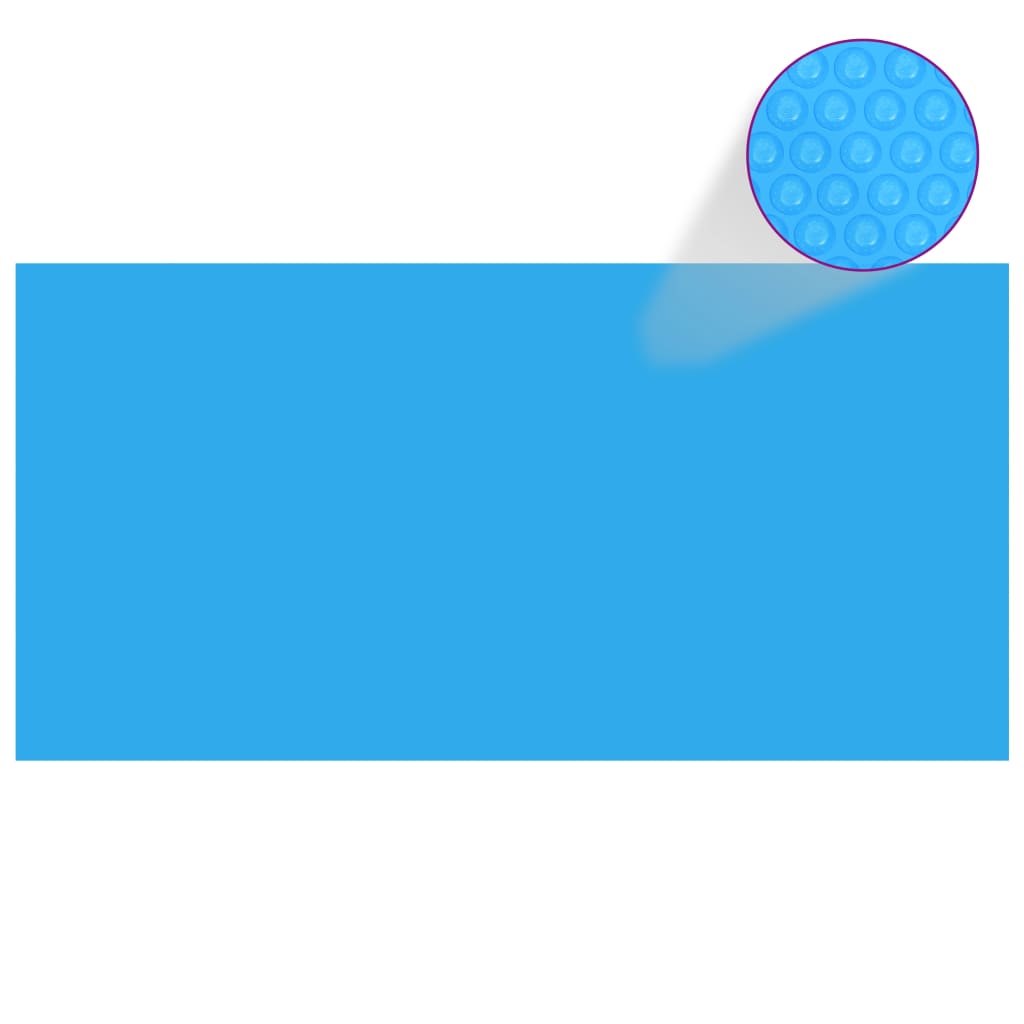Blue solar pool cover with bubble pattern, 383.9x192.1 inches, made of PE.