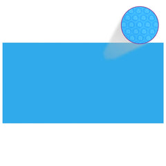 Blue solar pool cover with bubble pattern, 383.9x192.1 inches, made of PE.