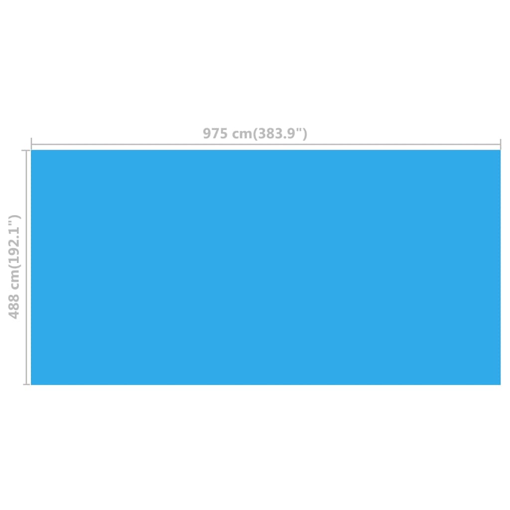Blue solar pool cover measuring 383.9 by 192.1 inches, made of PE material.