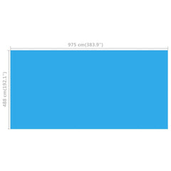 Blue solar pool cover measuring 383.9 by 192.1 inches, made of PE material.