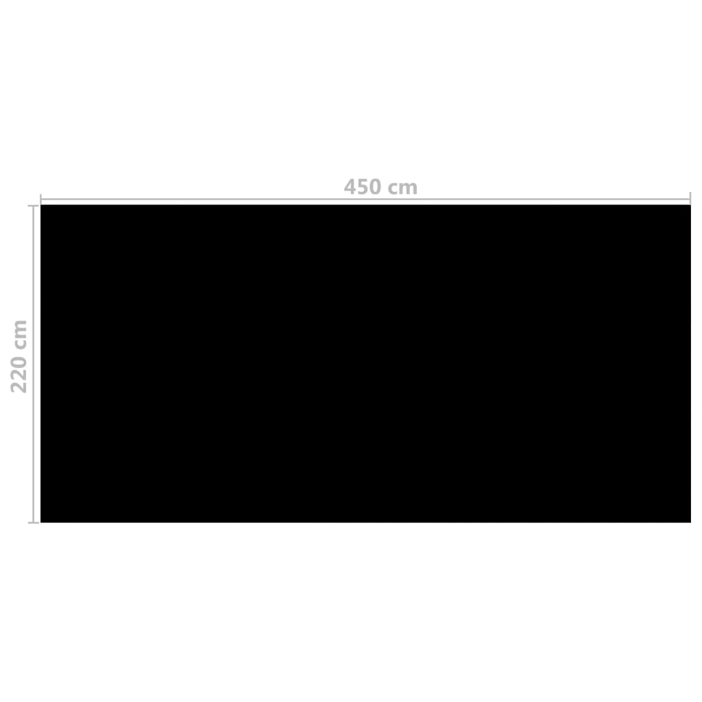 Black PE solar pool cover measuring 220 by 450 cm.