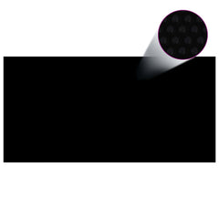 Black solar pool cover, 216.1x107.9 inches, made of PE with bubble texture.