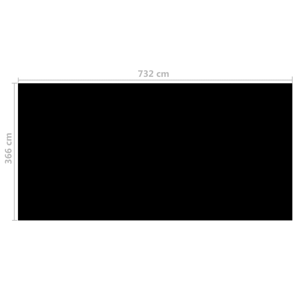 Black solar pool cover measuring 288.2 x 144.1 cm made of PE.