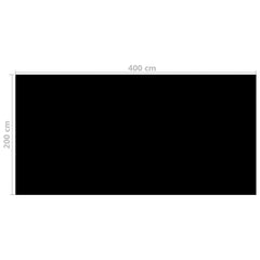 Black solar pool cover measuring 400 cm by 200 cm made of PE material.
