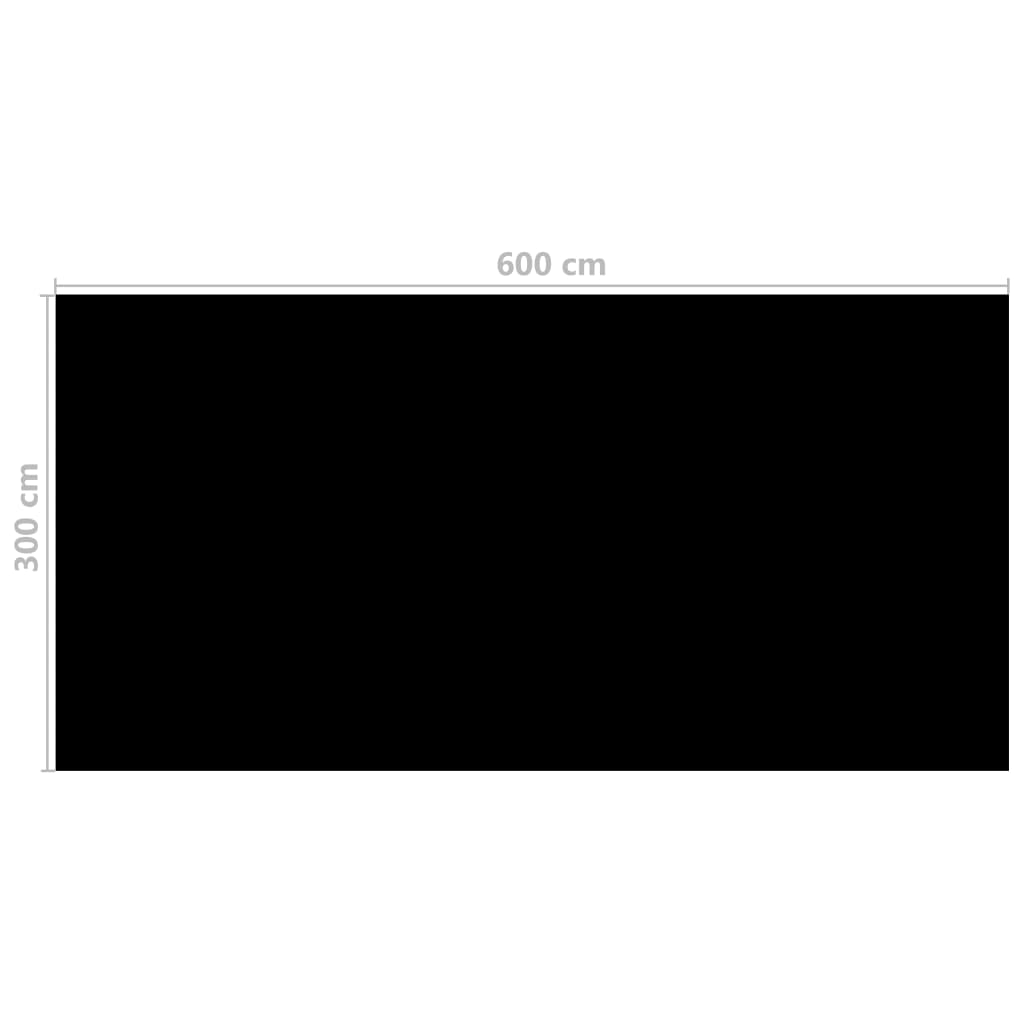 Black PE solar pool cover measuring 600 cm by 300 cm.