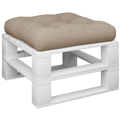 Taupe polyester pallet cushion, 19.7x19.7x4.7 inches, on white pallet frame.