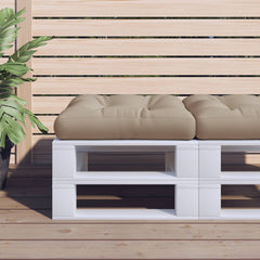 Taupe polyester pallet cushion, 19.7x19.7x4.7 inches, on white pallet with plants.