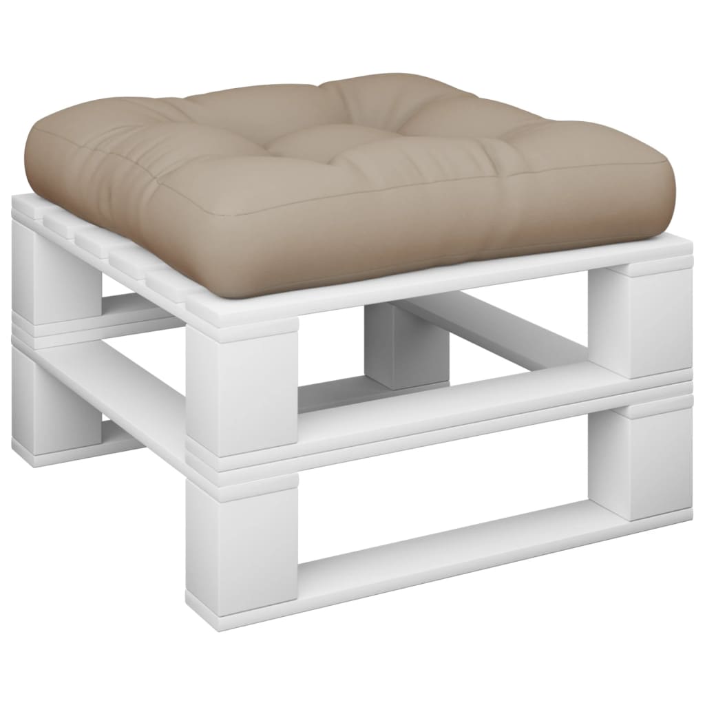 Taupe polyester pallet cushion, 23.6x23.6x4.7 inches, on white pallet frame.