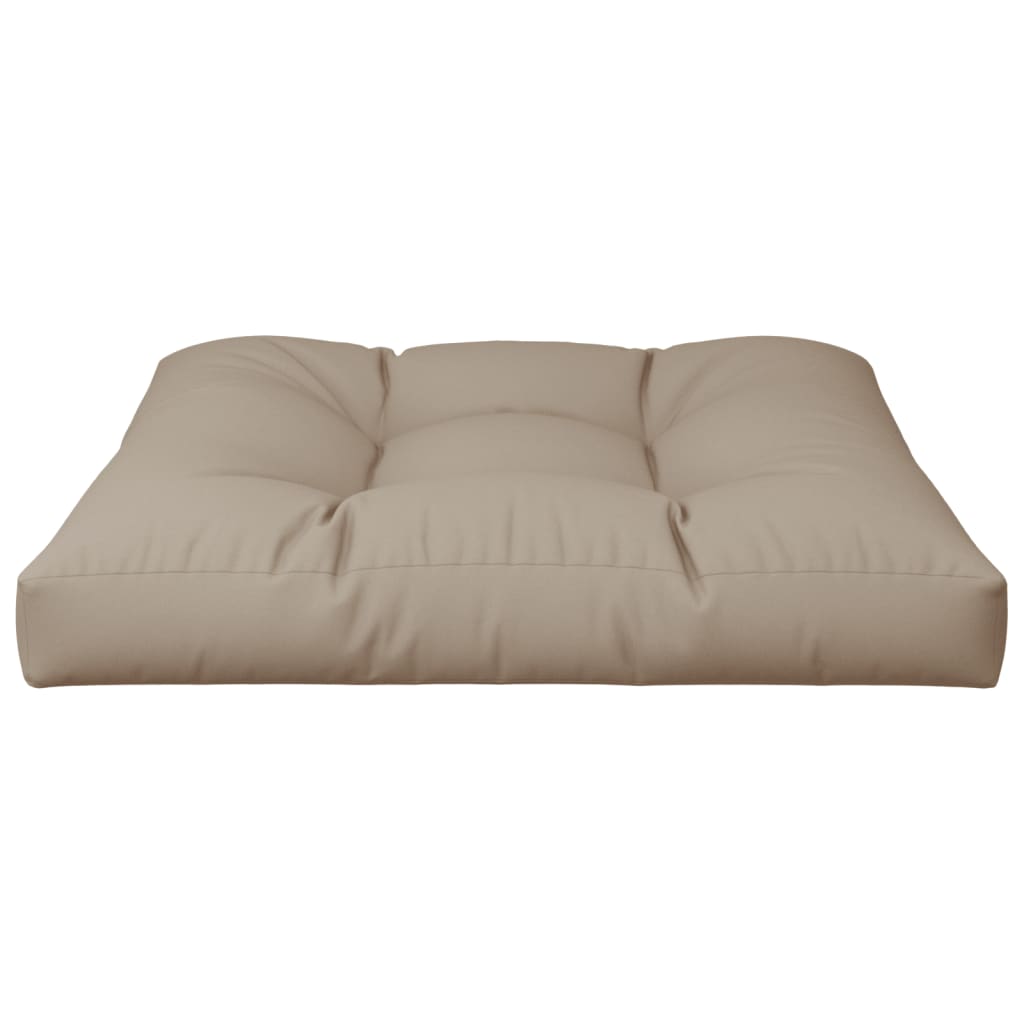 Taupe polyester pallet cushion, 31.5x31.5x4.7 inches, with tufted design.
