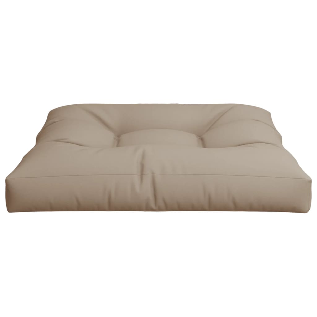 Taupe polyester pallet cushion, 31.5x31.5x4.7 inches, square and plush.