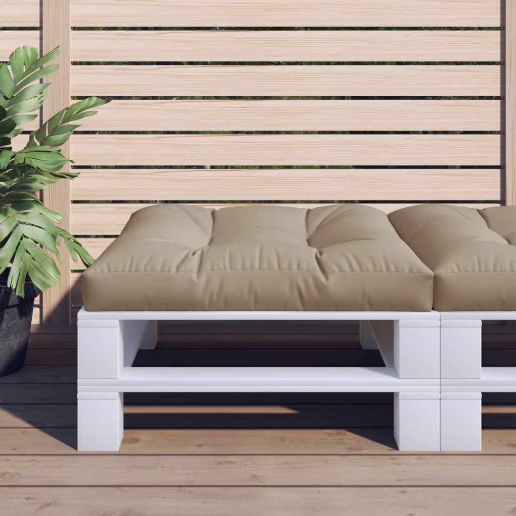 Taupe polyester pallet cushion on white pallet with plants.