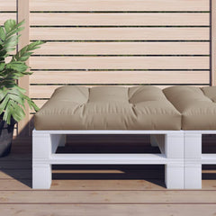 Taupe polyester pallet cushion on white pallet with plants.