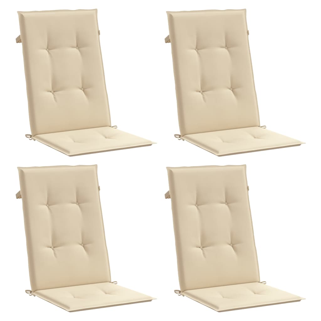 Four beige polyester highback chair cushions, 47x20 inches, with ties, in a 4-pack.