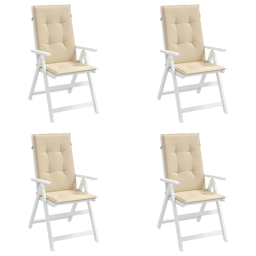 Four beige polyester highback chair cushions, each 47x20 inches, in a pack.