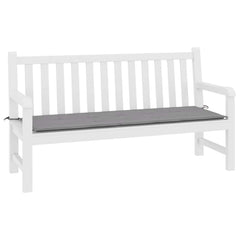 A white garden bench with a long, rectangular gray cushion secured by ties.