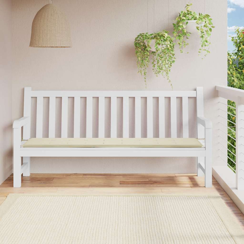 Cream garden bench cushion in Oxford fabric with beige seat and ties on white bench.