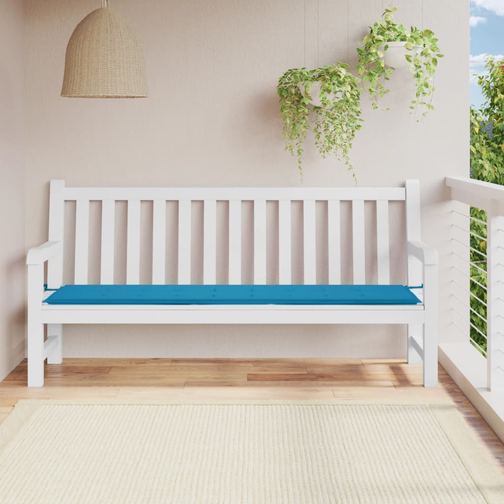 Blue Oxford fabric garden bench cushion with ties, 78.7x19.7x1.2 inches, on white bench.