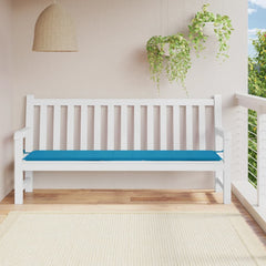 Blue Oxford fabric garden bench cushion with ties, 78.7x19.7x1.2 inches, on white bench.