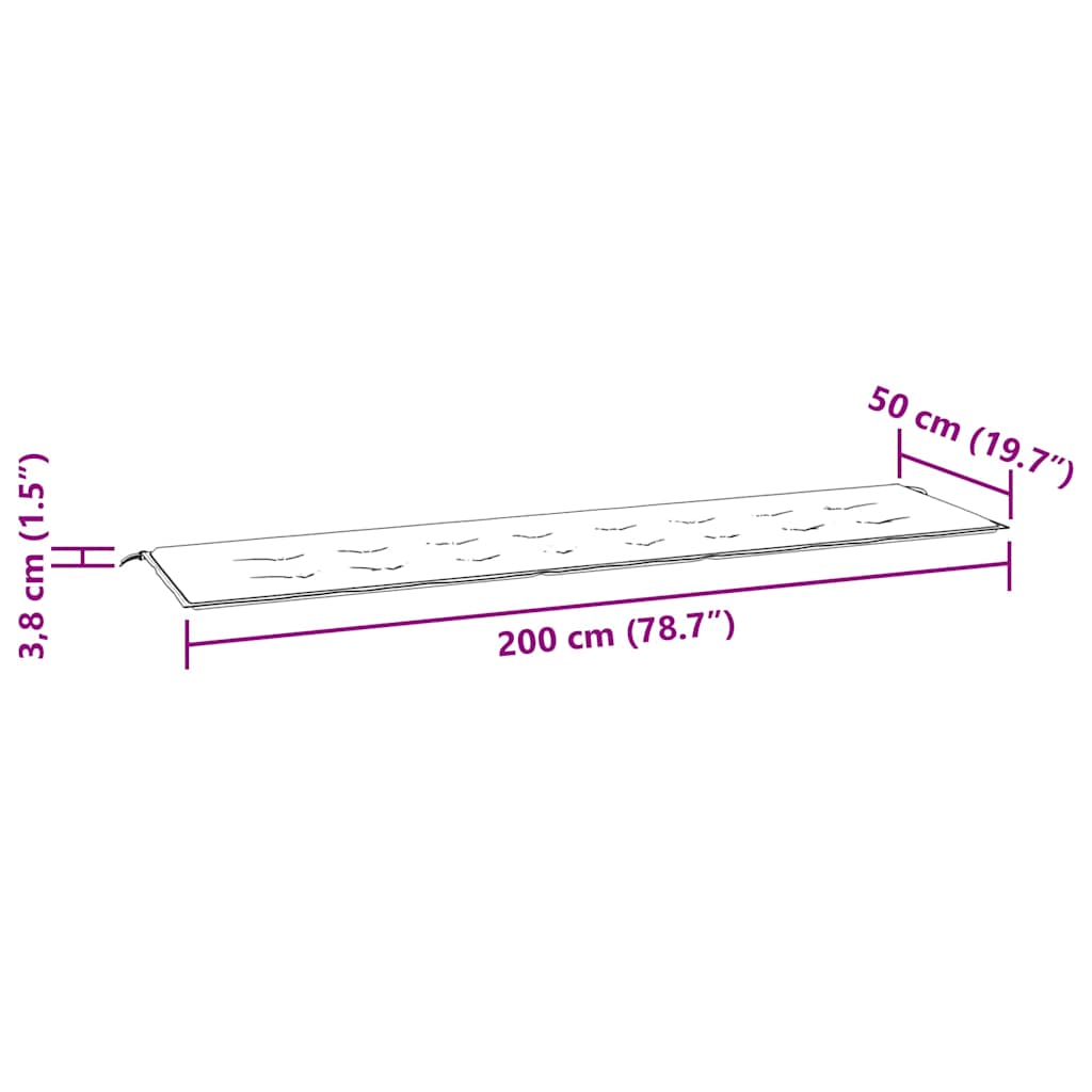 Anthracite garden bench cushion in Oxford fabric, 200x50x4 cm with dimensions shown.