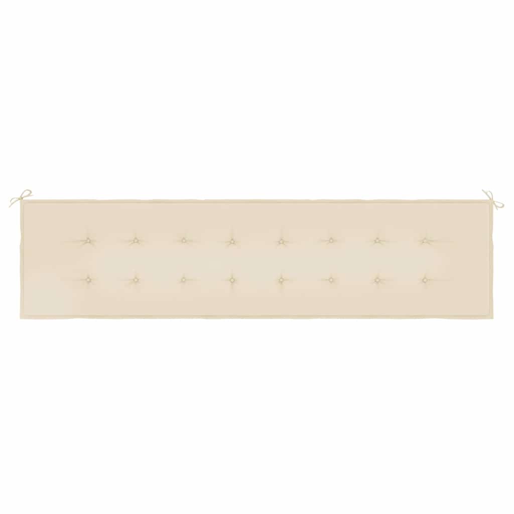 A long, rectangular beige garden bench cushion with tufted details and ties on each end.
