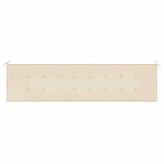 A long, rectangular beige garden bench cushion with tufted details and ties on each end.