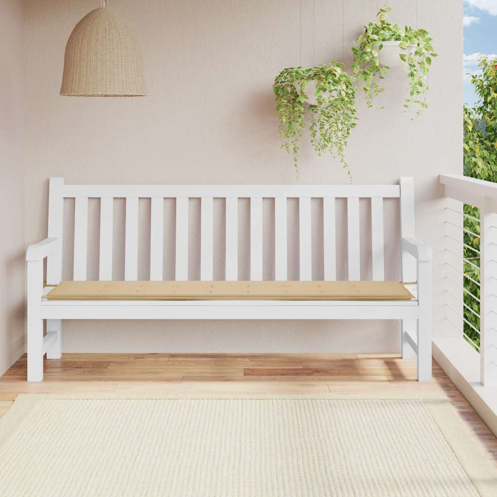 Beige Bostome garden bench cushion in Oxford fabric, 78.7x19.7x1.6 inches, on white bench.