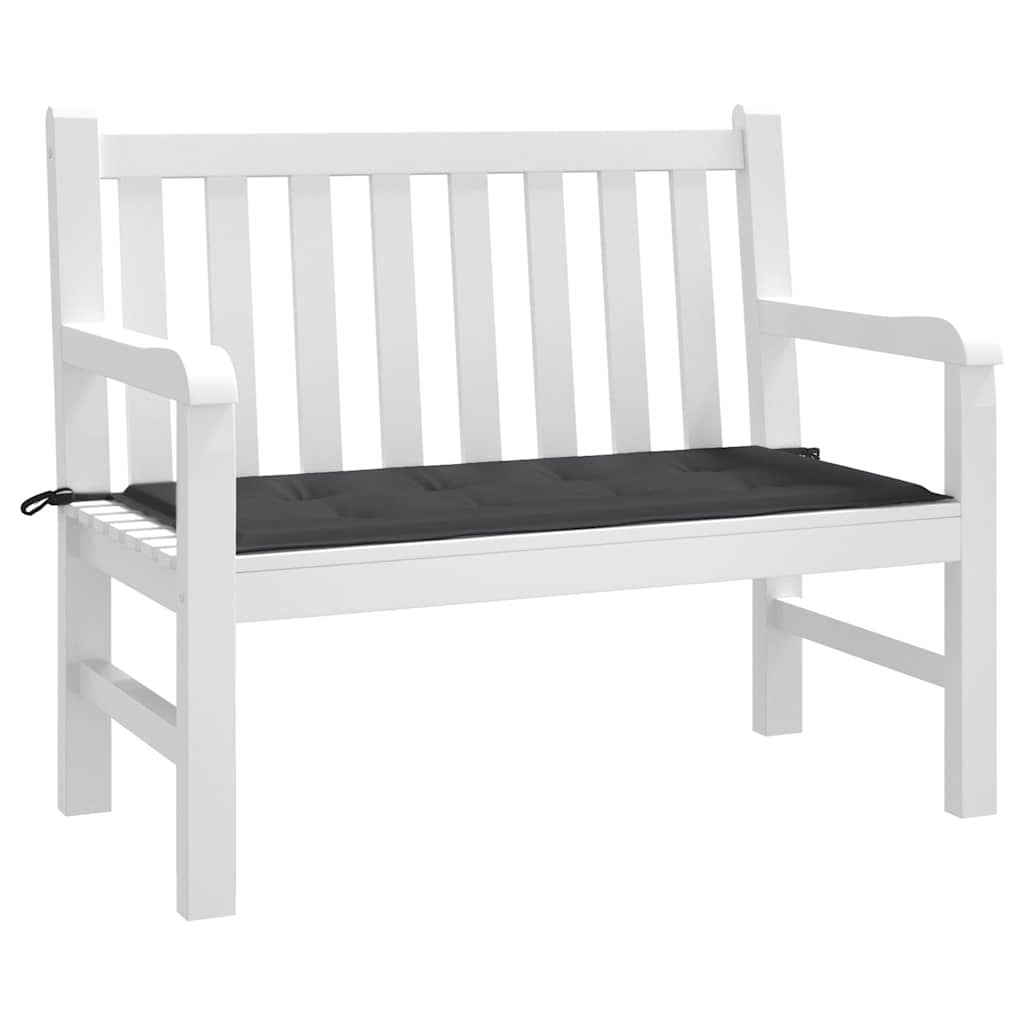 Black Oxford fabric garden bench cushion, 47.2x19.7x1.6 inches, with tie-down straps.