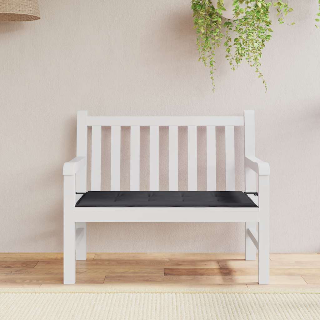 Black Oxford fabric garden bench cushion, 47.2x19.7x1.6 inches, with tie-down straps.