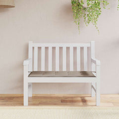 Taupe Oxford fabric garden bench cushion, 39.4x19.7x1.6 inches, on white wooden bench.
