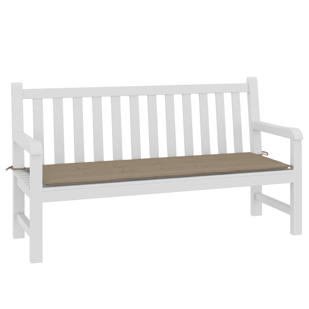 Taupe Oxford fabric garden bench cushion, 59x20x2 inches, with corner ties.
