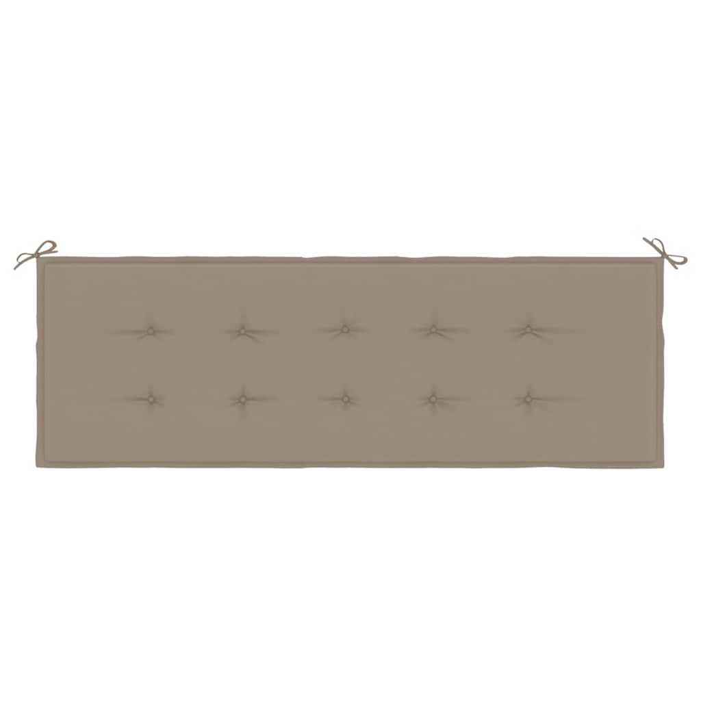 Taupe garden bench cushion in Oxford fabric, 59x20x2 inches, with corner ties.