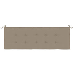 Taupe garden bench cushion in Oxford fabric, 59x20x2 inches, with corner ties.